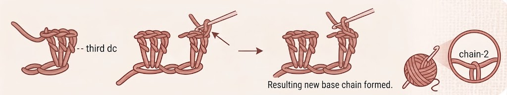 Two clusters of double crochet stitches worked into the ring with gaps, showing the third double crochet, the new chain-2 base being formed, and the resulting base chain